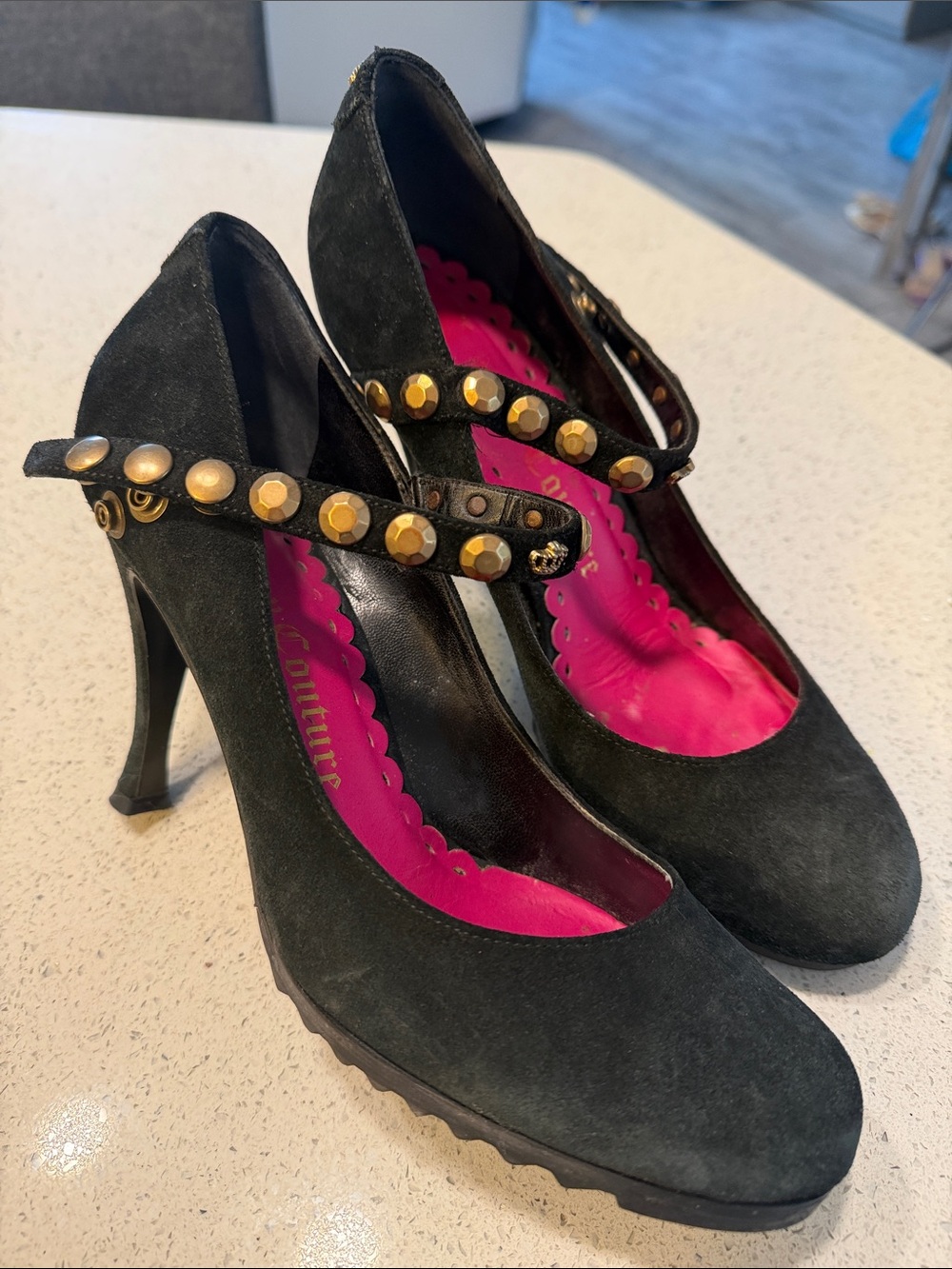 Juicy Couture Black Suede Mary Jane Heels with Gold Studs and Hot Pink Insole